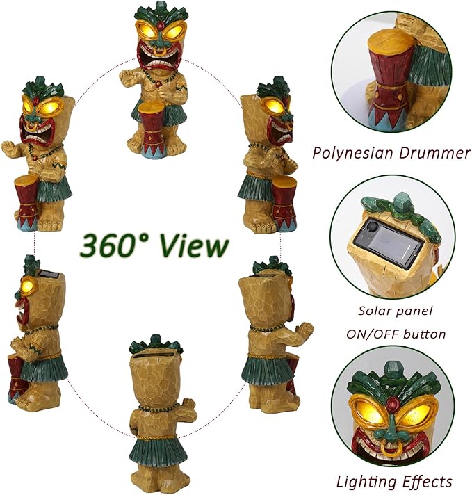 Solar Tiki Garden Statue with LED Eyes Outdoor Polynesian Drummer Hawaiian Party Decor Solar Light Ornament for Patio Porch Lawn Tiki Bar or Tiki Lover Funny Stocking Stuffers Gifts