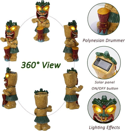 Solar Tiki Garden Statue with LED Eyes Outdoor Polynesian Drummer Hawaiian Party Decor Solar Light Ornament for Patio Porch Lawn Tiki Bar or Tiki Lover Funny Stocking Stuffers Gifts