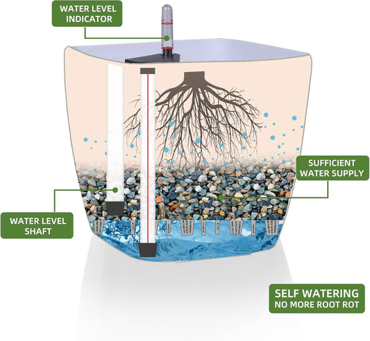 Dexceder 18x17 Self Watering Planter with Wheels Indoor Outdoor, Inner Mat Design, Thickened Large Floor Standing Flower Plant Pot with Water Level Indicator (White Matte)