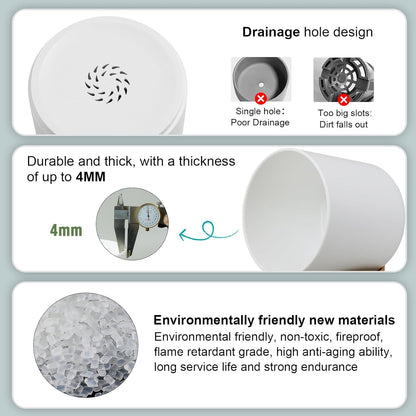 3 Pack 6/5/4 inch Cylindrical Flower Pots, Modern Small Round Plastic Plant Pots with Drainage Holes & Saucers, Clean and Refined Planter Pots for Outdoor, Indoor & Office Decor (White Brown)