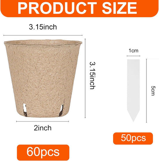 60 Packs 3.15 Inch Peat Pots,Biodegradable Pots for Seedlings with Drainage Holes, Garden Germination Nursery Pots with 50Pcs Plant Labels