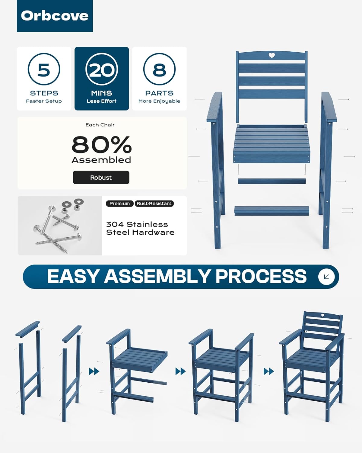Tall Adirondack Chairs Set of 4, HDPE Wood Balcony Adirondack Chairs Set with Heart Cutout Design, Weather-Resistant Bar Height Furniture for Deck, Porch, Pool (Navy Blue)