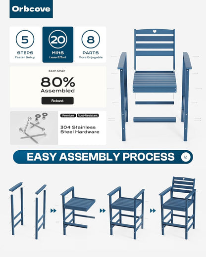 Tall Adirondack Chairs Set of 4, HDPE Wood Balcony Adirondack Chairs Set with Heart Cutout Design, Weather-Resistant Bar Height Furniture for Deck, Porch, Pool (Navy Blue)
