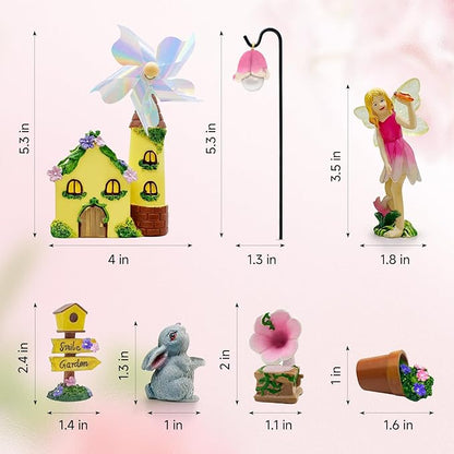 DONABELA Fairy Garden Kit Pink Mini Windmill House Decor Set Rabbit Flower Pot Supplies Signpost CD Player Resin Figurines Accessories Gift Indoor Outdoor Yard