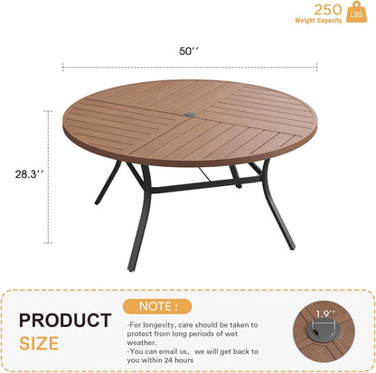 VICLLAX Round Patio Table with Adjustable Umbrella Hole for 6, All Weather Metal Outdoor Dining Table for Lawn Garden, 50" Outdoor Coffee Table, Walnut Wood-Like Tabletop
