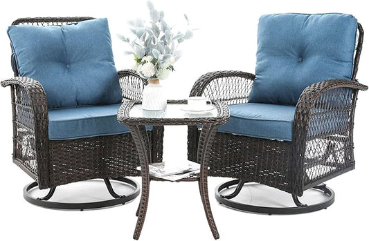 3 Pieces Patio Furniture Set, Outdoor Swivel Glider Rocker, Wicker Patio Bistro Set with Rocking Chair, Thickened Cushions and Table for Porch (Blue)