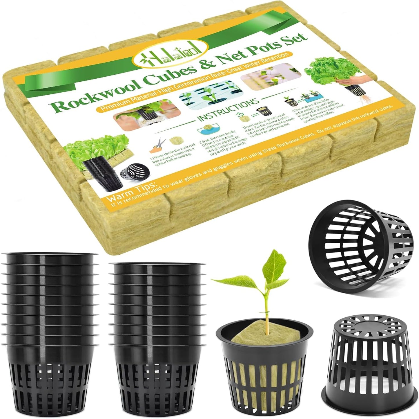 Halatool 24 x 2-Inch Rockwool Cubes & 24 x 3-Inch Net Cups - Hydroponics Starter Kit for Plants Cloning, Seed Starting, and Patio Gardening - Durable, Effective, Great Gift Option