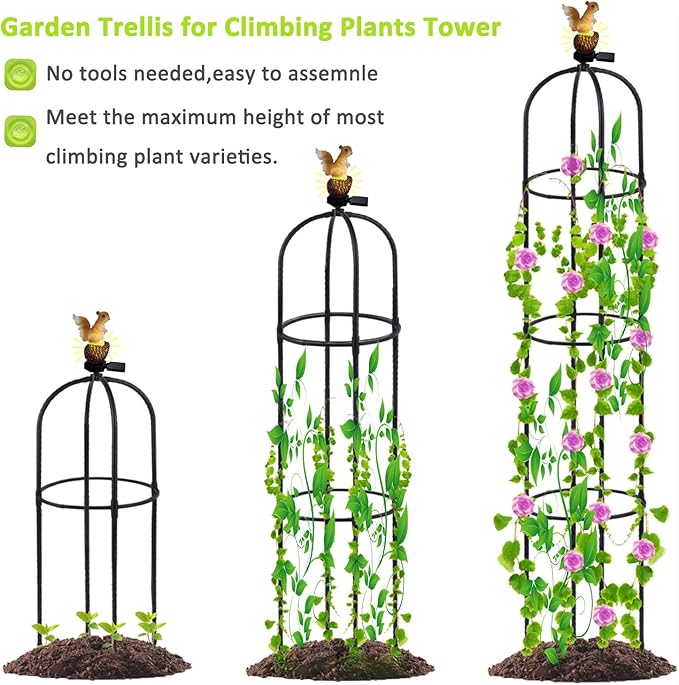 Garden Obelisk Trellis for Climbing Plants Outdoor, Rose Bush Round Trellis with Squirrel Head Auto Sensor Solar Light Tomato Plant Support for Raised Beds Vines Cucumbers Tomato Cage 59'' High,I Pack
