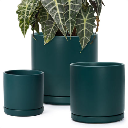 D'vine Dev 6 Inch & 8 Inch & 10 Inch, Set of 3 Round Ceramic Planter Pot with Drainage Hole and Saucer, Teal, 94-T-L-9