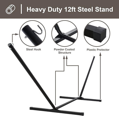 SUNCREAT Double Outdoor Hammock with Stand Included, Portable Cotton Rope 2 Person Hammock for Outdoor, Patio, Garden, Backyard, Beige