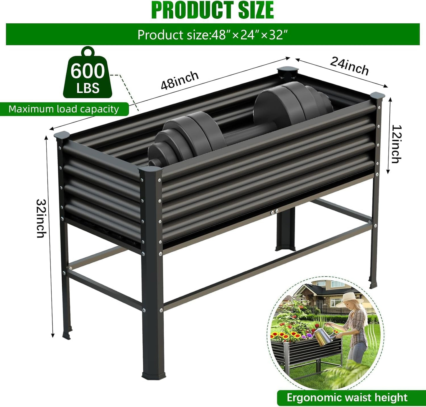 Raised Garden Bed with Legs, 48×24×32in Large Metal Elevated Raised Planter Box,600lb Capacity with Drainage Holes for Vegetables Lawn Green Flowers, Fruits, Terrace