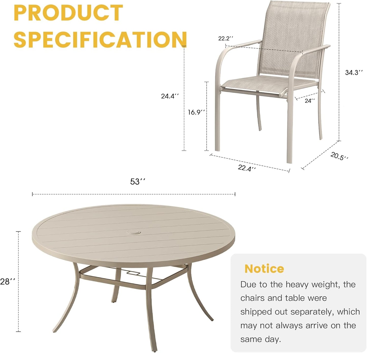 VICLLAX Patio Dining Set for 8, Outdoor Furniture Set Includes 53" Round Patio Table and 8 Patio Sling Chairs, Sandshell Color Tabletop and Fabric