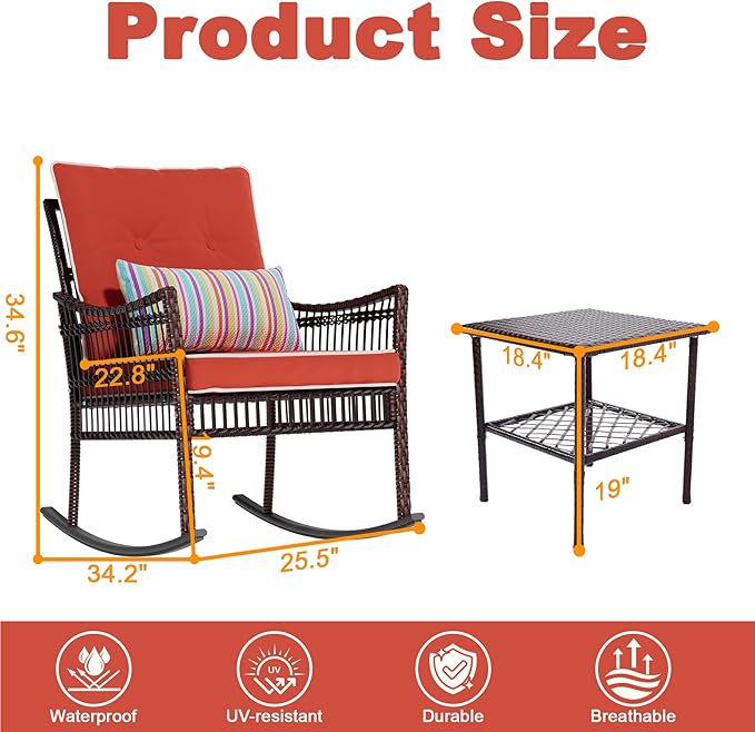 DECMICO Outdoor Rocking Chairs 3 Pieces Patio Conversation Front Porch Furniture, Wicker Rocking Chairs Bistro Set with Coffee Table and Cushions for Garden and Balcony, Orange