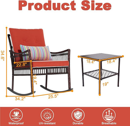 DECMICO Outdoor Rocking Chairs 3 Pieces Patio Conversation Front Porch Furniture, Wicker Rocking Chairs Bistro Set with Coffee Table and Cushions for Garden and Balcony, Orange