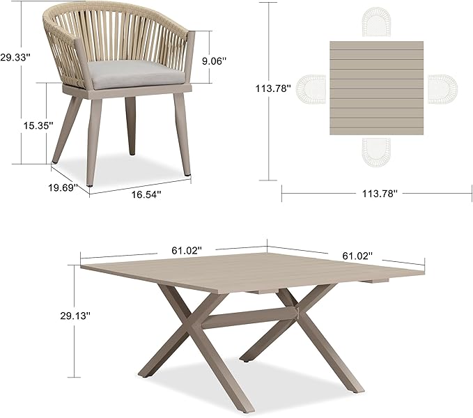 PURPLE LEAF 5 Pieces Oversized Square Outdoor Dining Set with Patio Aluminium Dining Table and Wicker Chairs Modern Furniture Cushions Sets for Backyard Indoor Decor Kitchen Champagne