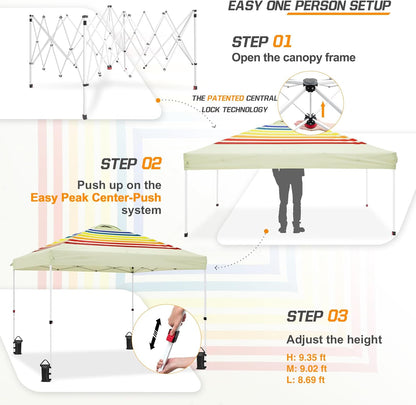 EAGLE PEAK Pop Up Canopy Tent with Wheeled Carry Bag, 8 Stakes, 4 Ropes, 4 Weight Bags, Easy Set Up Tent Canopy, 10x10 ft, 100sqft of Shade, Retro Stripe Tan