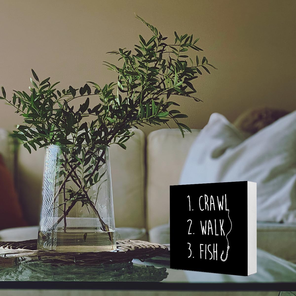 Black Crawl Walk Fish Rustic Wooden Sign, Funny Baby Fishing Wood Block Desk Decor for Home Bedroom Baby Room Shelf Table