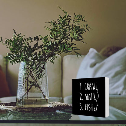 Black Crawl Walk Fish Rustic Wooden Sign, Funny Baby Fishing Wood Block Desk Decor for Home Bedroom Baby Room Shelf Table