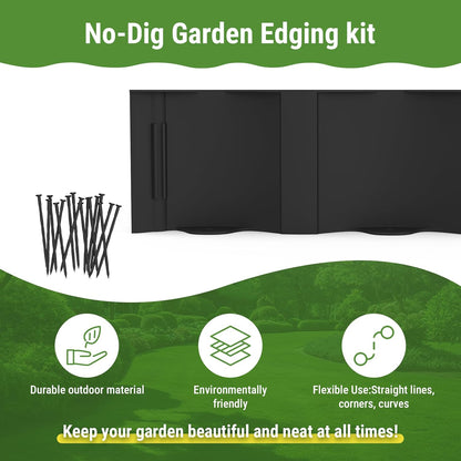 Mars Villa 40FT Landscape Edging No Dig, Interlocking Landscape Edging 5.9In Garden Edging Border with 64 Stakes, Plastic Flower Bed Border Flexible Edging for Landscaping, Lawn Patio (Black,32Pcs)