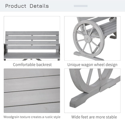 Outsunny 41" Wooden Wagon Wheel Bench, Rustic Outdoor Patio Weather Resistance Furniture, 2-Person Slatted Seat Bench with Backrest, Light Gray