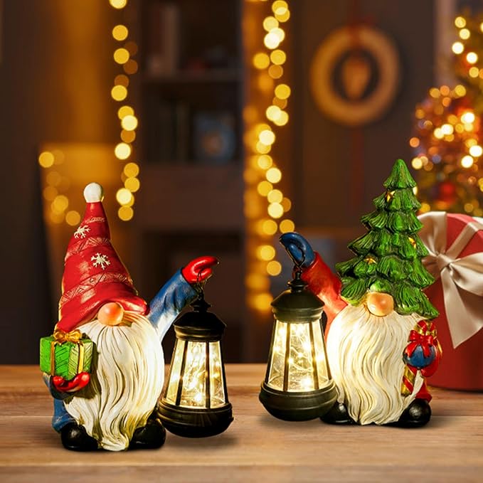 Solar Christmas Santa Hat Gnome Outdoor Statue with LED Lantern - Winter Xmas Holiday Porch Yard Home Decor Gardening Gift