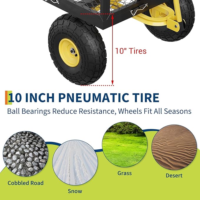 GarveeLife 900 LBS Garden Cart with Removable Mesh Sides, Heavy Duty Steel Garden Wagon with Adjustable Handles & 10 in Pneumatic Tires, Utility Wagon for Lawn Camping Farm Yard, Black+Yellow
