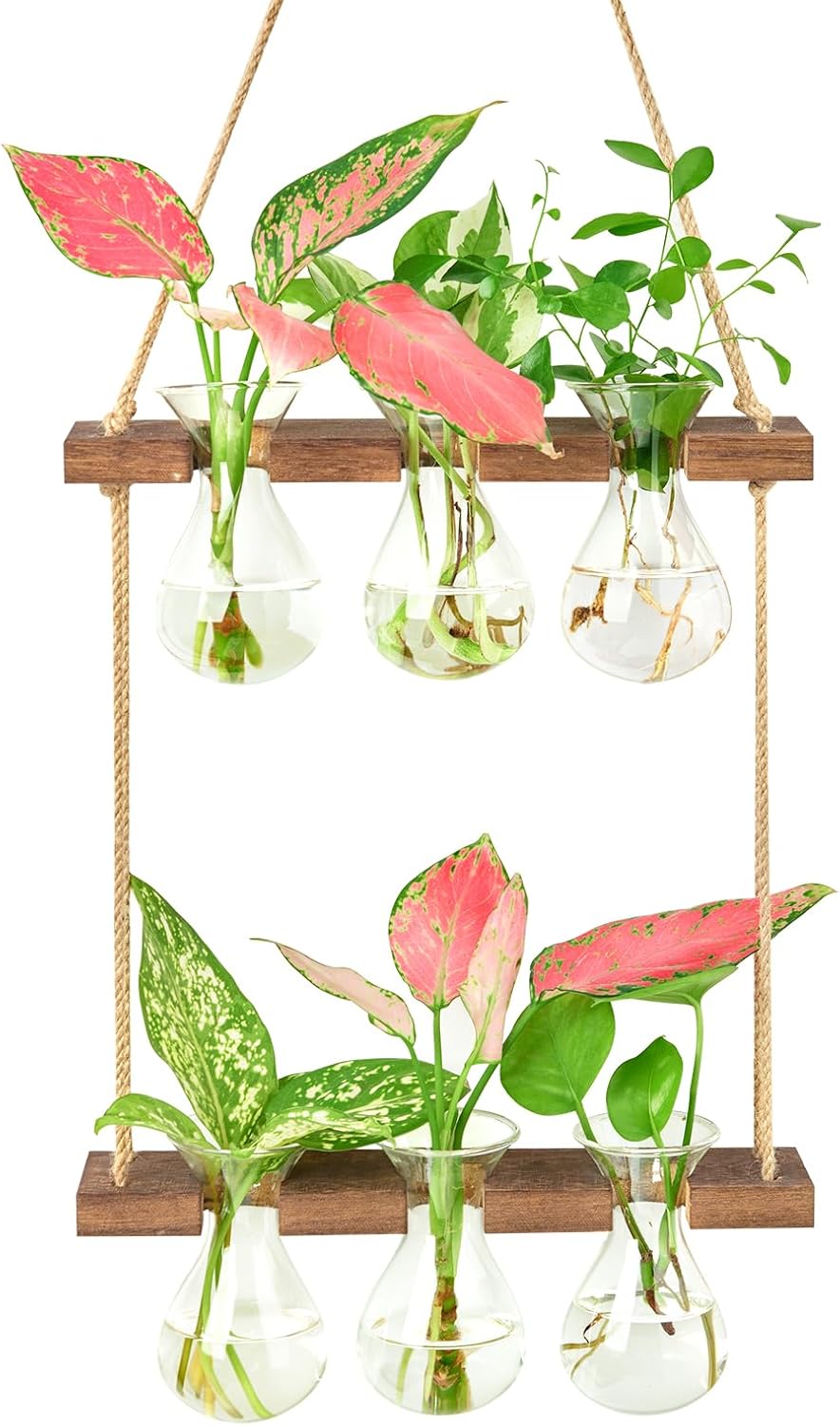 XXXFLOWER Wall Hanging Propagation Station with Wooden Stand 3 Bulb Vase 2 Tiered Planters Wall Terrarium for Home Office Plant Hanger Flower Vases Wall Decor(Brown)