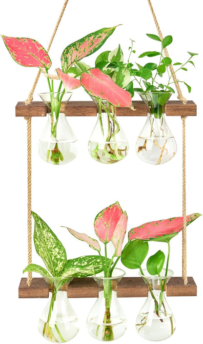 XXXFLOWER Wall Hanging Propagation Station with Wooden Stand 3 Bulb Vase 2 Tiered Planters Wall Terrarium for Home Office Plant Hanger Flower Vases Wall Decor(Brown)