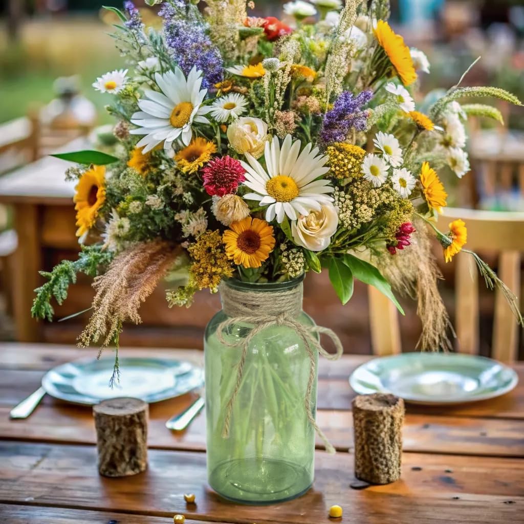 Vintage Glass Flower Vase，12 Pack Green Farmhouse Glass Centerpiece Vases Mason Jars for Weddings, Parties & Home Decor Bulk (12, Green)