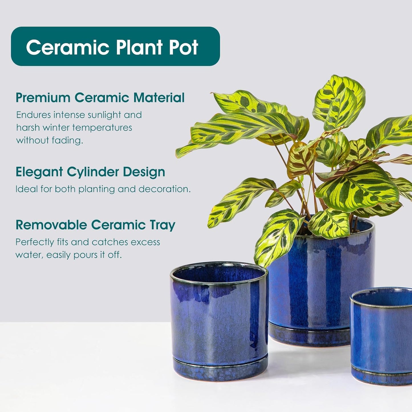 vancasso Ceramic Plant Pots, 3 Piece Planters for Indoor Plants, 4.25+5.25+6.25 Inch Flower Pots with Drainage, Plant Pots Indoor for Succulent, Pothos, Snake Plant and Money Tree, Etc (Blue)
