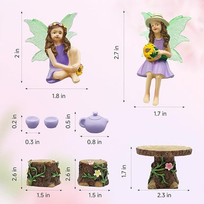 DONABELA Fairy Garden Kit Figurine Set Supplies 2 Fairies Table 2 Chairs Teapot Teacups Miniature Decor Accessories Tiny Furniture Outdoor Indoor Ornament Gift for Kids