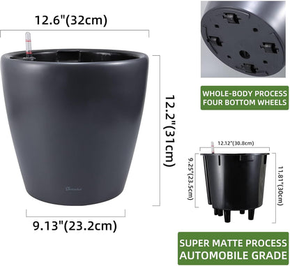 Dexceder 13x12 Self Watering Planter with Wheels Indoor Outdoor, Inner Pot Design, Thickened Large Floor Standing Flower Plant Pot with Water Level Indicator (Slate Gray Matte)