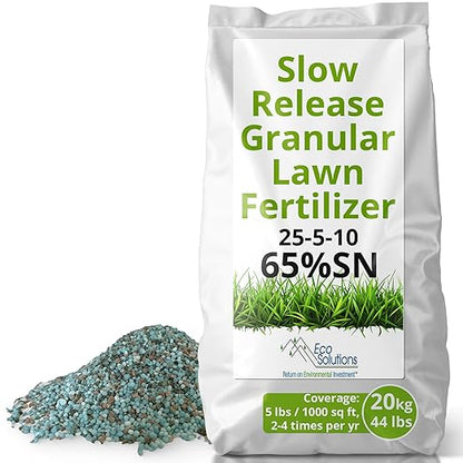 Slow Release Lawn Fertilizer 25-5-10 NPK - 65% Granular Nitrogen Formula for Deep Feeding up to 110 Days - 20kg (44lbs) Bag - Kid & Pet Safe Lawn Care for Lush Green Grass