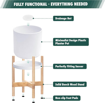D'vine Dev Planter Pot with Stand - 16 Inch Plastic Cylinder Flower Pot with Wood Planter Holder for Indoor, Matte White Pot + Natural Stand, 55-C-Y-1