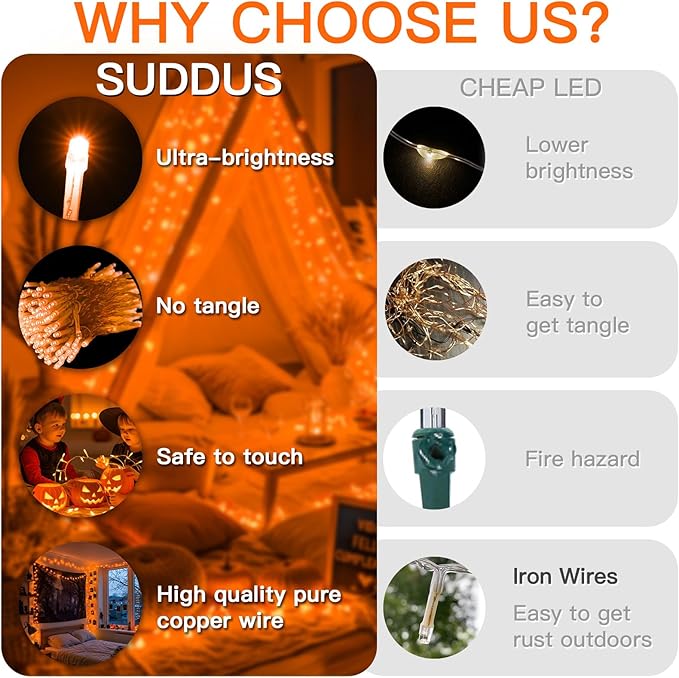 suddus Orange Halloween Lights Outdoor with Remote, 66ft 200 LED Connectable Waterproof String Lights Plug in, Dimmable Clear Wire Fairy Lights for Fall, Thanksgiving, Party, Tree, Garden, Porch Decor