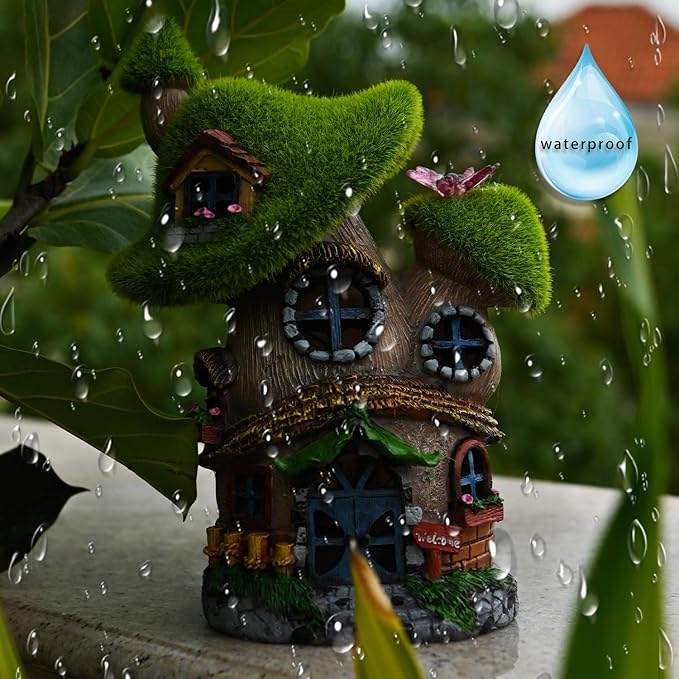 ASAWASA Flocked Mushroom Fairy Garden House with Solar Light,Funny Statue Sculptures for Garden Decor,Exquisite Cottage Figurines for Patio Lawn Yard Gift Decoration