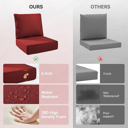 Luxury 6" Outdoor Cushions for Patio Furniture, 24x24x6" Thick Seat Cushion Set of 7, Fade Resistant Couch Chair Replacement Cushions High Density Deep Wicker Chair Cushion w/ Removable Cover, Red