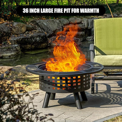 36 inch Outdoor Fire Pit with Grill,Wood Burning Fire Pits for Outside with Lid & Fire Poker,Metal 3-in-1 Firepit Table with Cooking Grate,Outdoor Firepit for Yard,Bonfire,Patio(Charcoal)