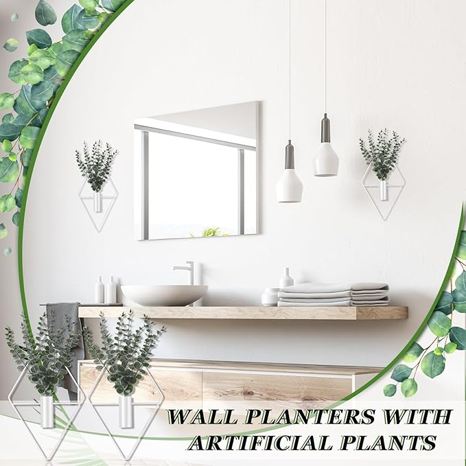 Jexine Hanging Planters with Artificial Eucalyptus Metal Hanging Vase Indoor Plants Holder Modern Geometric Boho Bathroom Wall Decor for Living Room Home Office (White,8 Pcs)