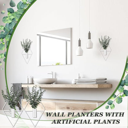 Jexine Hanging Planters with Artificial Eucalyptus Metal Hanging Vase Indoor Plants Holder Modern Geometric Boho Bathroom Wall Decor for Living Room Home Office (White,8 Pcs)