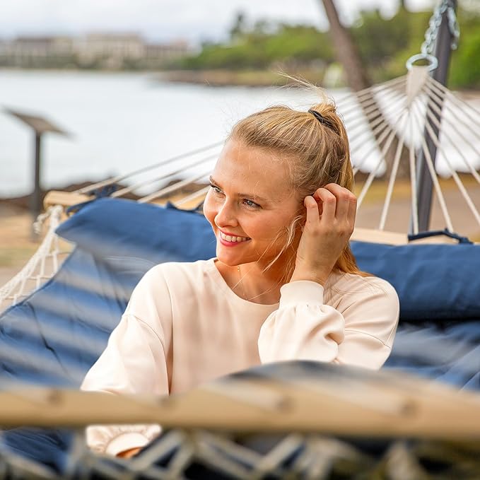 SUNCREAT Double Portable Rope Hammock with Stand Included, Outdoor Two Person Hammock with Polyester Pad, Navy