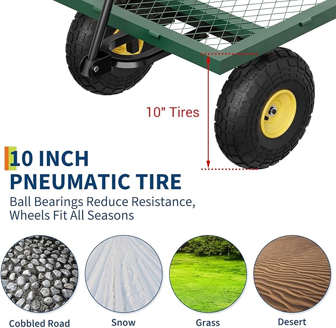 GarveeLife 900 LBS Garden Cart on Wheels with Adjustable Handles, Heavy Duty Steel Garden Wagon with Removable Mesh Sides to Convert into Flatbed, Wagon Cart for Lawn Farm Yard