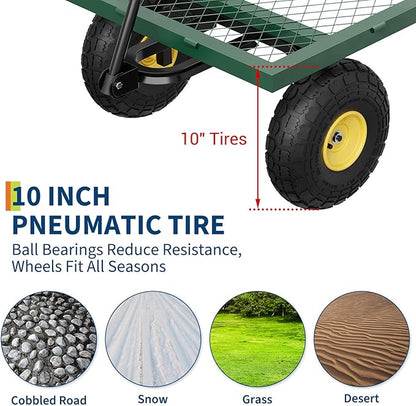 GarveeLife 900 LBS Garden Cart on Wheels with Adjustable Handles, Heavy Duty Steel Garden Wagon with Removable Mesh Sides to Convert into Flatbed, Wagon Cart for Lawn Farm Yard