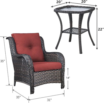 Rilyson Patio Bistro Set Outdoor Chairs - 3 Piece Wicker Rattan Patio Furniture Set with 2 Armrest Chair and 1 Side Table for Proch Deck Garden Backyard Balcony(Brown/Red)