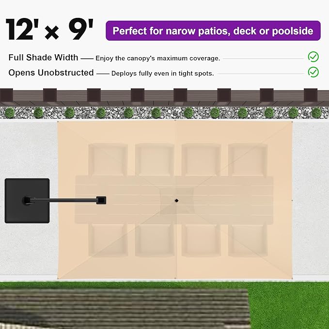 PURPLE LEAF 12' X 9' Rectangle Patio Umbrella Large Outdoor Aluminum Offset Umbrella with 360-degree Rotation Cantilever Umbrella for Garden Deck Backyard Pool Beige