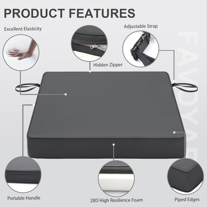 Favoyard Patio Chair Cushions 18.5 x 16 x 3 Inch Waterproof Outdoor Seat Cushions for Patio Furniture 3-Year Color Fastness Garden Sofa Couch Pads with Handle & Adjustable Straps Set of 2, Dark Grey