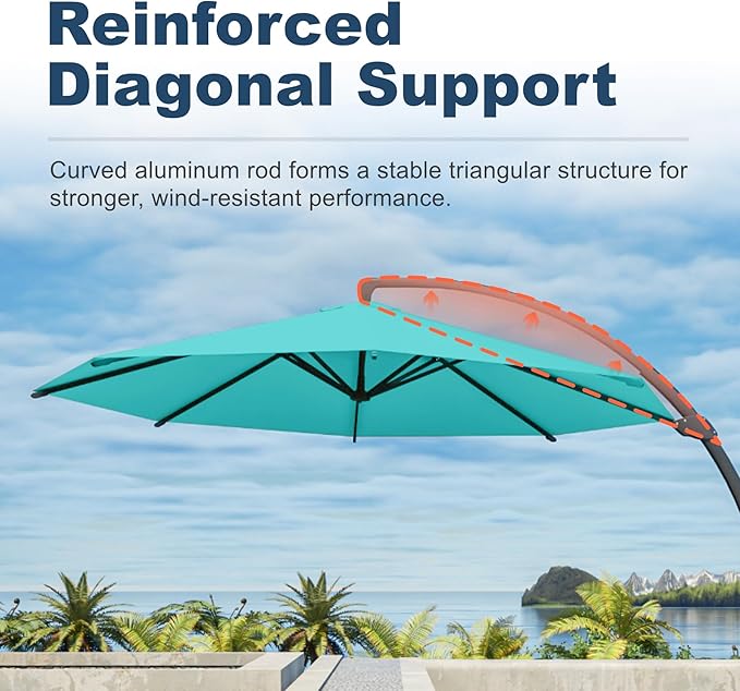 11FT Cantilever Umbrella with Base Large Curvy Outdoor Aluminum Offset Umbrella w/ 360° Rotation, UV Resistant Canopy for Patio, Garden, Backyard, Turquoise Blue