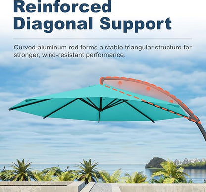 11FT Cantilever Umbrella with Base Large Curvy Outdoor Aluminum Offset Umbrella w/ 360° Rotation, UV Resistant Canopy for Patio, Garden, Backyard, Turquoise Blue
