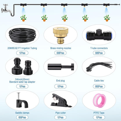 Mornajina Automatic Drip Irrigation Kits Garden Irrigation System, Includes 66FT 1/4 inch Irrigation Tubing Hose & 26Pcs Mist Nozzles Tee & 26Pcs Brass Misting Nozzles for Garden Watering System