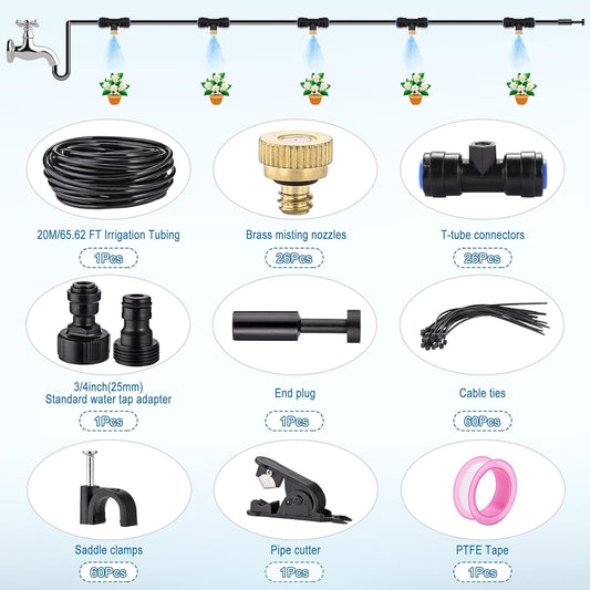 Mornajina Automatic Drip Irrigation Kits Garden Irrigation System, Includes 66FT 1/4 inch Irrigation Tubing Hose & 26Pcs Mist Nozzles Tee & 26Pcs Brass Misting Nozzles for Garden Watering System